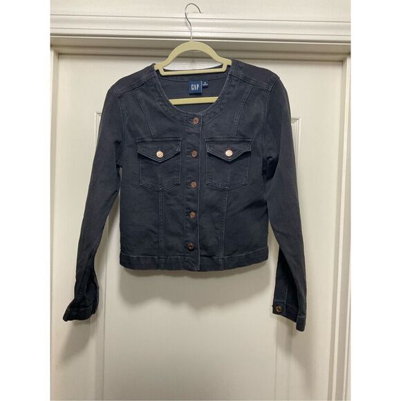 GAP Black Washed Denim Blazer Denim Cropped Jacket (Size M) - Picture 1 of 5